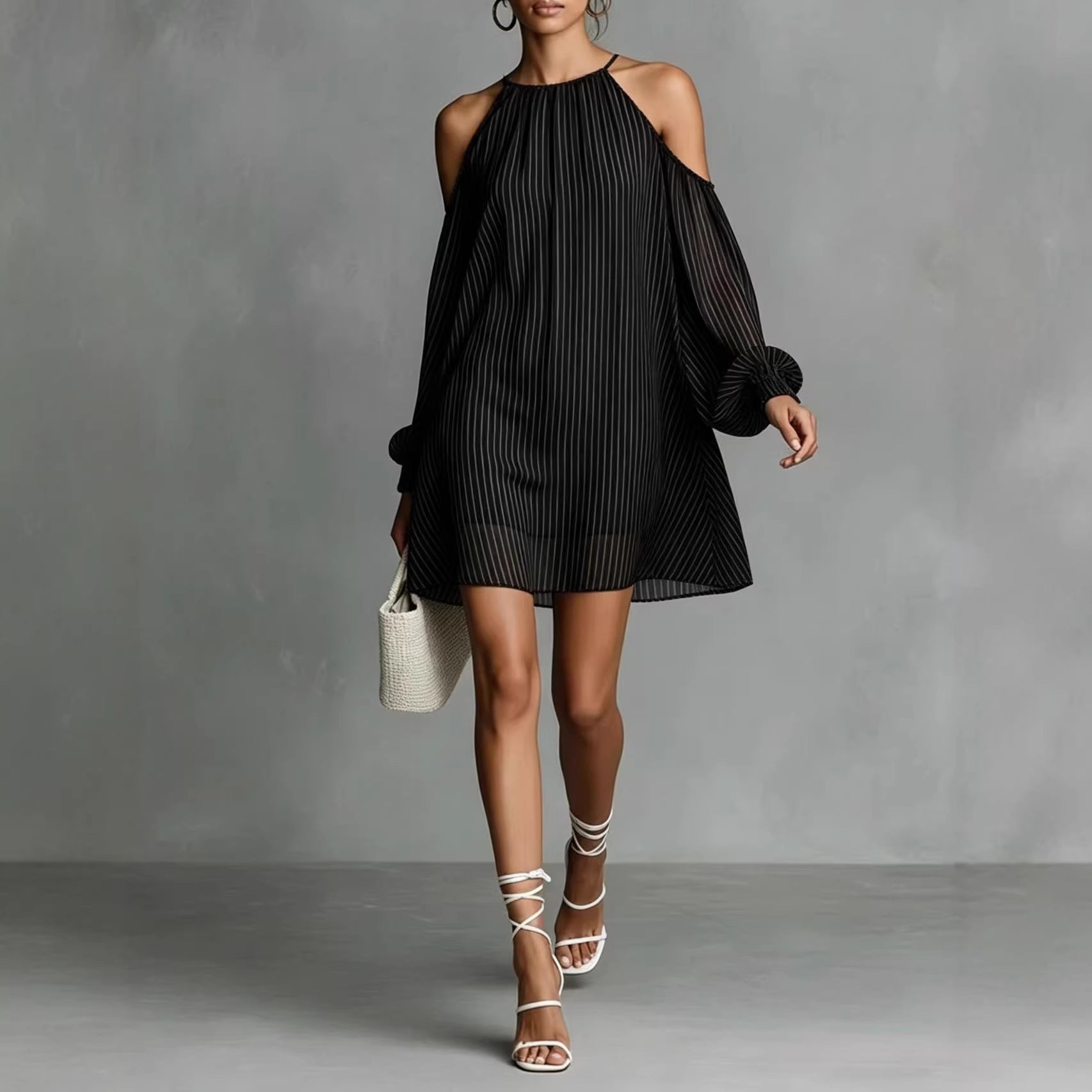 Striped Halter Cold-Shoulder Mini Dress