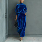 Women'S Velour Drop‑Shoulder Top & Pleated Wide‑Leg Pants Two‑Piece Set