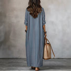 Textured Crinkled V Neck Half Sleeve Loose Maxi Dress