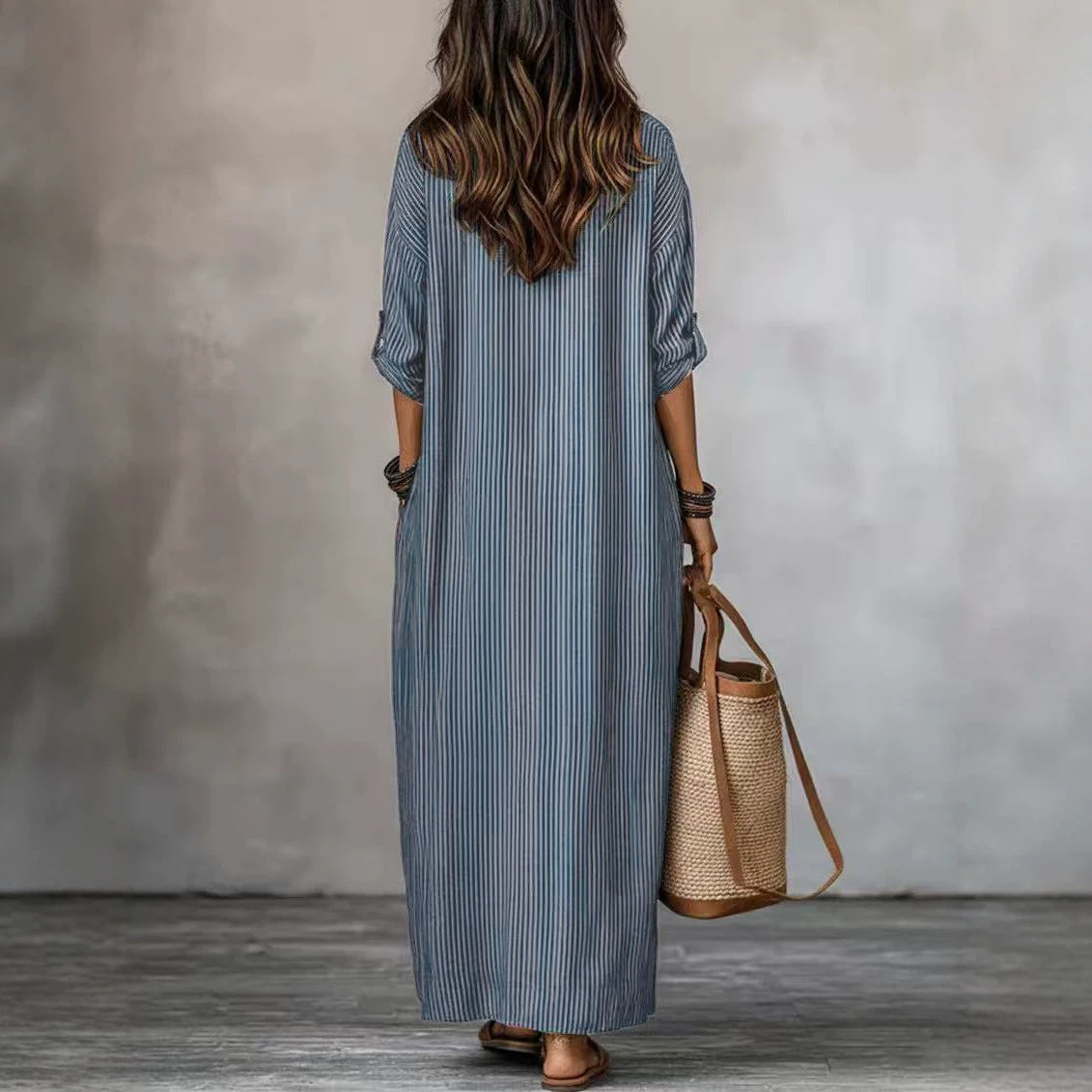 Textured Crinkled V Neck Half Sleeve Loose Maxi Dress