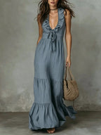 Loose Casual Deep V Ruffled Sleeveless Long Skirt Dress