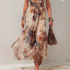 Sleeveless Vintage Watercolor Print Ruffled Flowy Vacation Dress