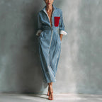 Women's Blue And White Cotton Blend Striped Shirt Dress With Red Chest Pocket