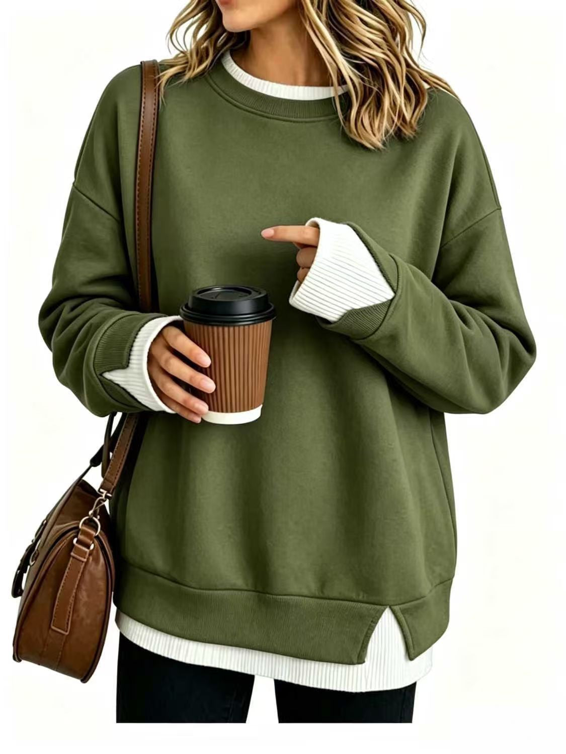 Women’s Oversized Contrast Rib Cuff Layered Look Pullover