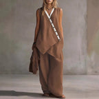 Bohemian V-Neck Irregular Button Vest Wide-Leg Pants Casual Suit