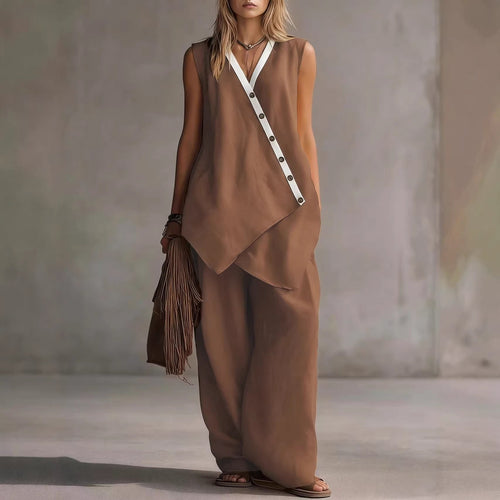 Bohemian V-Neck Irregular Button Vest Wide-Leg Pants Casual Suit