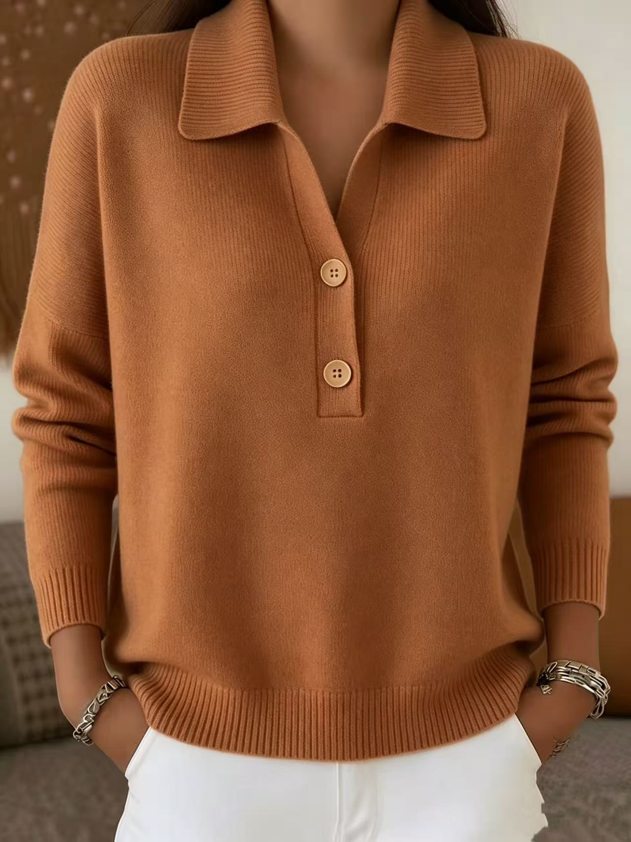Knitted Lapel Half Placket Button Loose Casual Sweater