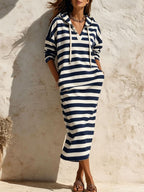 Stripe Hooded Drawstring Long‑Sleeve Midi Sweatshirt Dress