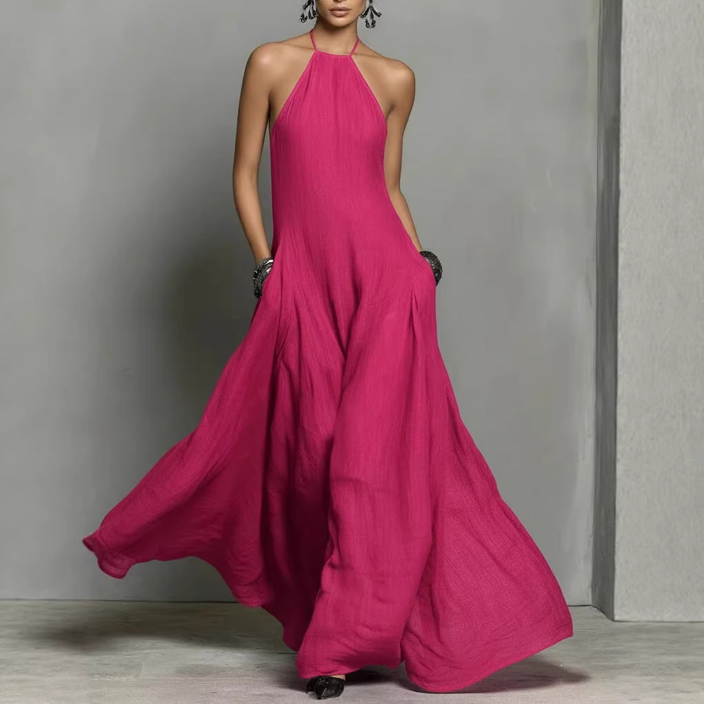 Cotton And Linen Blend Simple Backless Sleeveless Long Dress