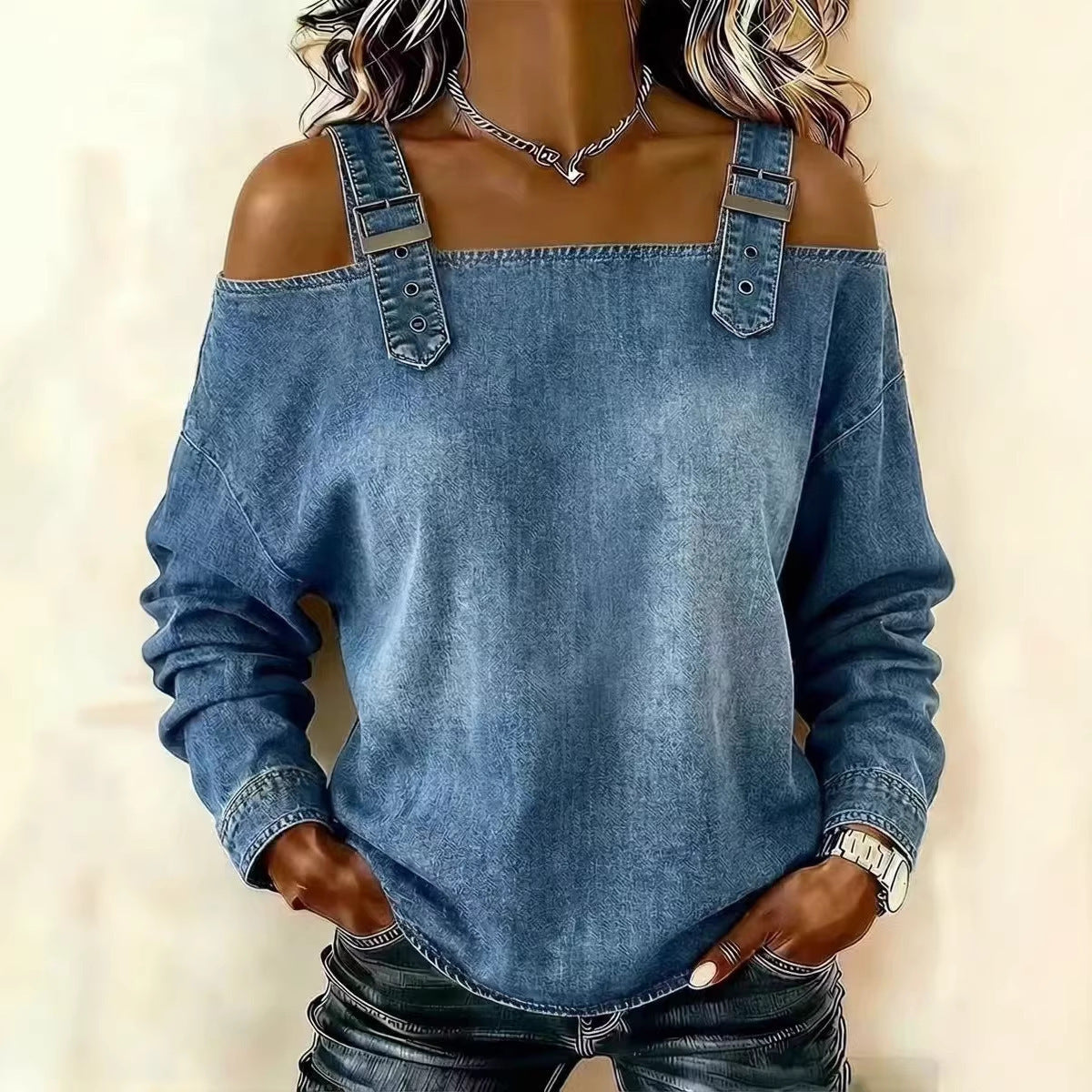 Denim Cold‑Shoulder Top with Adjustable Buckle Straps, Long‑Sleeve Off‑Shoulder Blouse