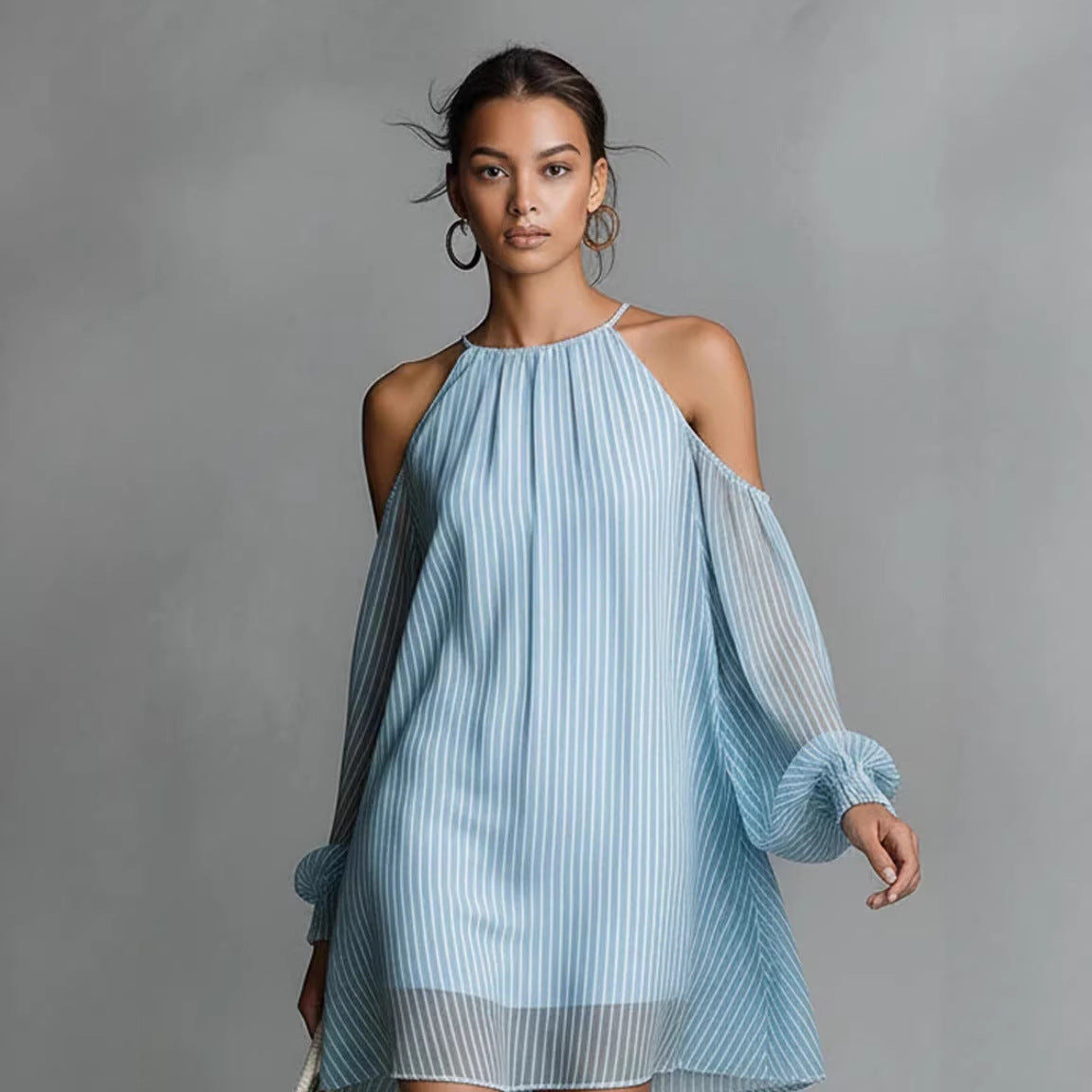 Striped Halter Cold-Shoulder Mini Dress