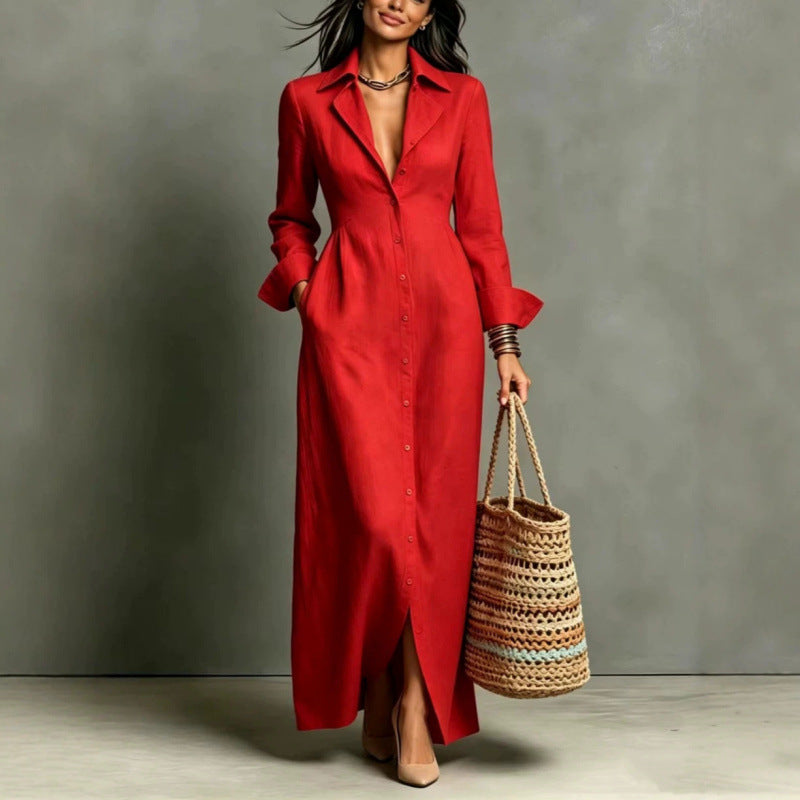 Women'S Lapel Collar Button‑Front Linen Shirt Maxi Dress