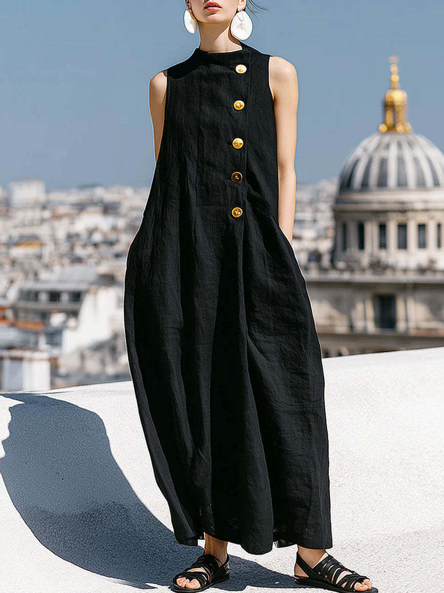 Sleeveless Stand Collar Linen Midi Maxi Dress with Side Buttons