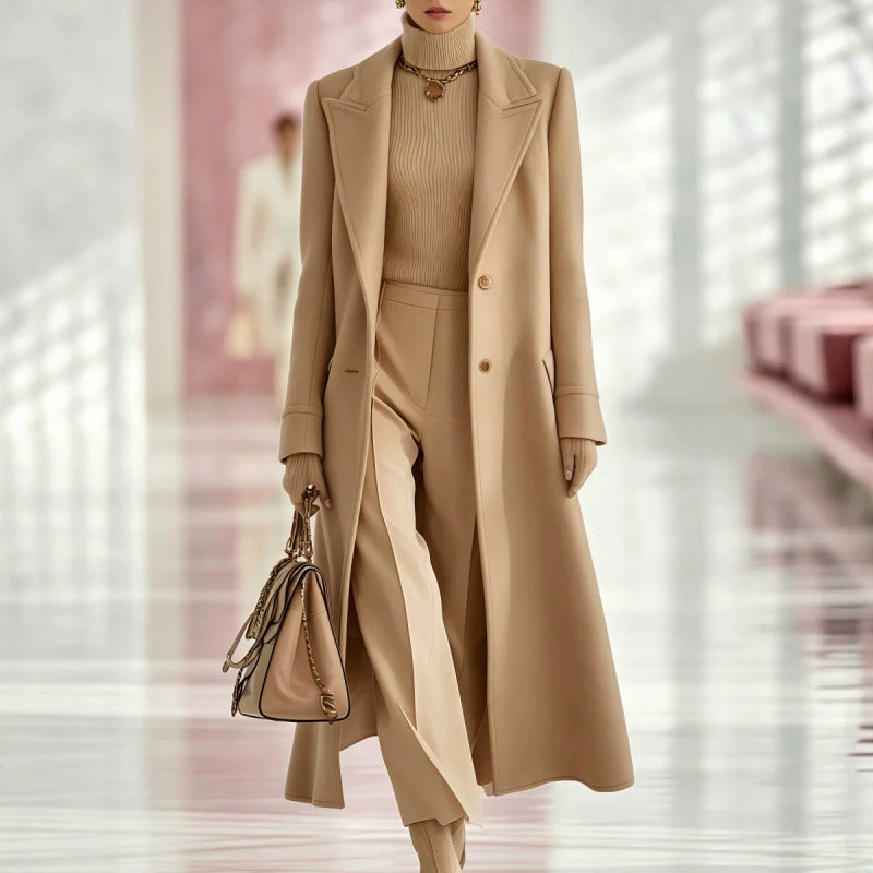 Elegant Oversized Notched Collar Maxi Wool Coat