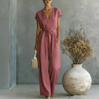 Elegant V-Neck Belted Jumpsuit for Women - Casual & Chic One-Piece Outfit for Everyday & Occasion Wear