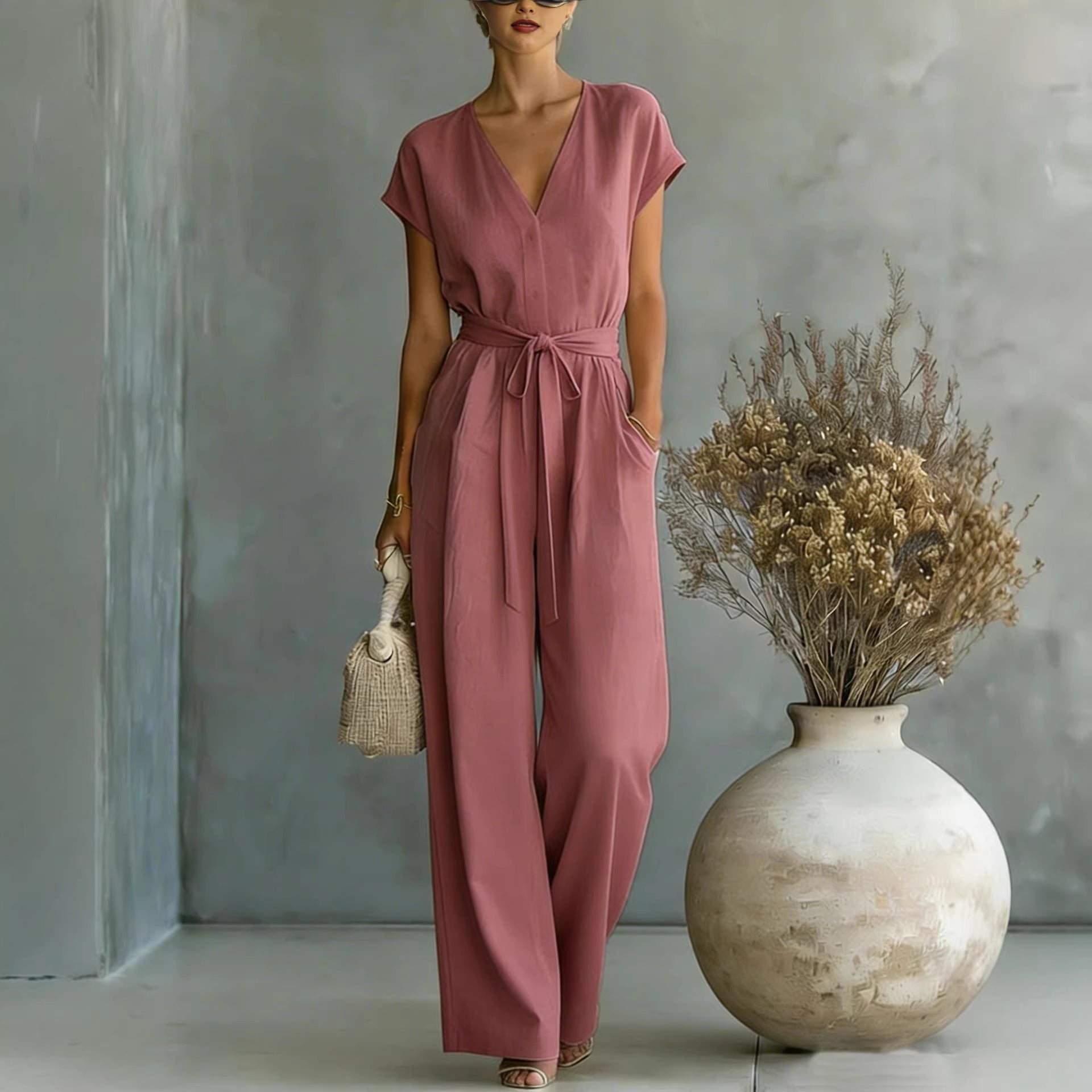 Elegant V-Neck Belted Jumpsuit for Women - Casual & Chic One-Piece Outfit for Everyday & Occasion Wear