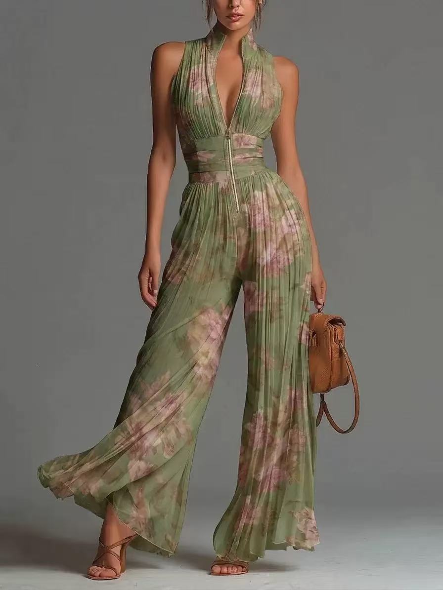 V-neck Sleeveless Zip-up Pleated Wide-leg Chiffon Jumpsuit