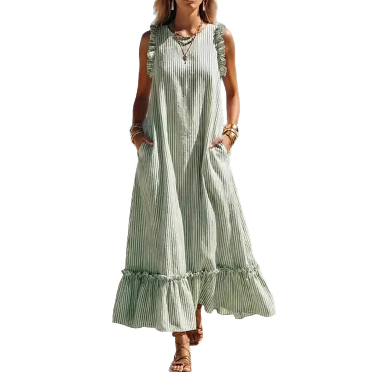 🌊 Coastal Striped Ruffle Maxi Dress