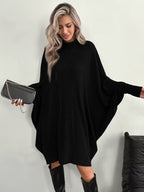 Women's Mock Neck Batwing Long Sleeve Ribbed Knit Mini Dress