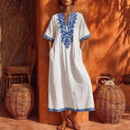Linen Floral Embroidery V Neck Short Sleeve Midi Kaftan Dress