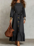 Button‑Front Tie‑Waist Tiered Ruffle Maxi Dress