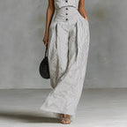 White Black Vertical Stripe Halter High Waist Wide Leg Jumpsuit