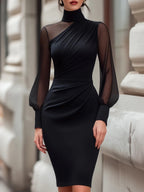 Elegant High-End Satin Mesh Splicing High-Neck Waist-Hugging Evening Dress