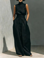 Women'S Sleeveless Turtleneck Top & High‑Waist Wide‑Leg Pants Two‑Piece Set
