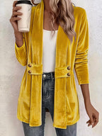 Women's Velvet Open Front Long Sleeve Mid Length Blazer Cardigan with Button Decor