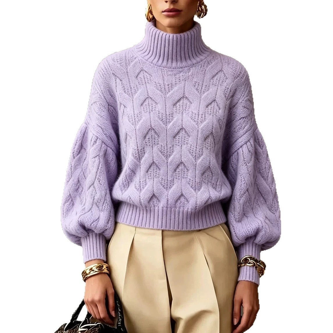 Women's Bright Yellow Turtleneck Cable Knit Oversized Pullover Sweater
