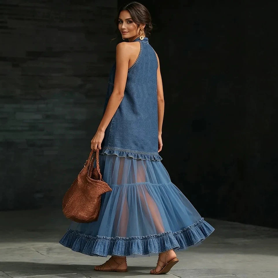 Halter Neck Denim & Tulle Tiered Maxi Dress
