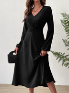 V‑Neck Twist‑Knot Waist Long‑Sleeve Midi Dress