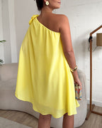 Women's Bright Yellow One Shoulder Chiffon Mini Dress with Floral Applique and Cape Sleeve