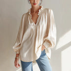 Ruffle V-Neck Crinkled Texture Balloon Sleeve Blouse