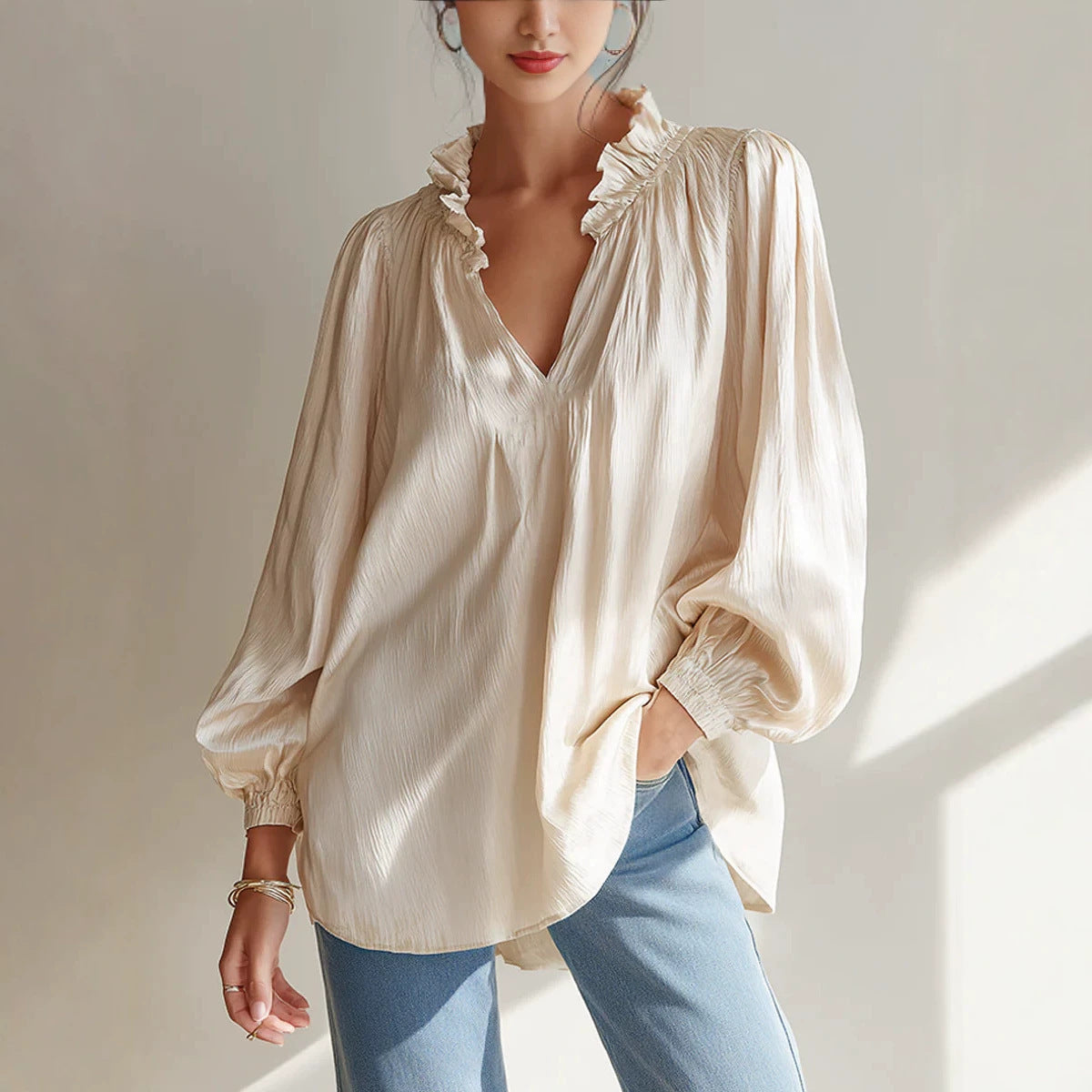 Ruffle V-Neck Crinkled Texture Balloon Sleeve Blouse