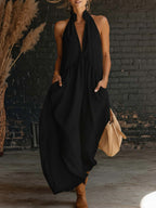 Sleeveless Stand Collar Solid Color Long Vacation Dress