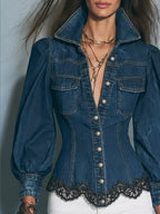 Puff Sleeve Lace Trim Fitted Denim Shirt