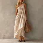 Dusty Pink One Shoulder Ruched Linen Maxi Dress