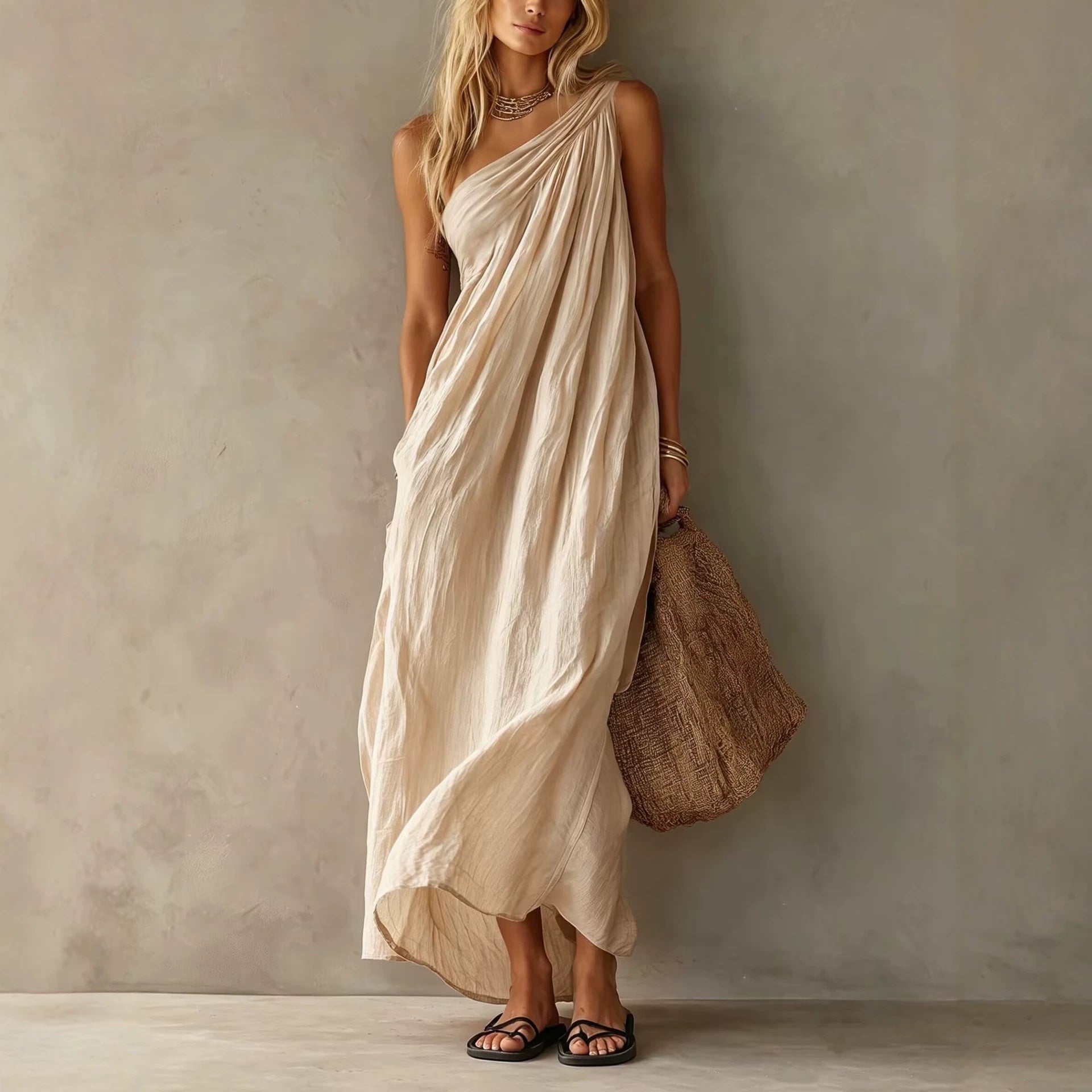 Dusty Pink One Shoulder Ruched Linen Maxi Dress