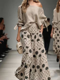Linen Off Shoulder Top & Polka Dot Tiered Wide Leg Pants Two Piece Set