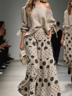 Linen Off Shoulder Top & Polka Dot Tiered Wide Leg Pants Two Piece Set