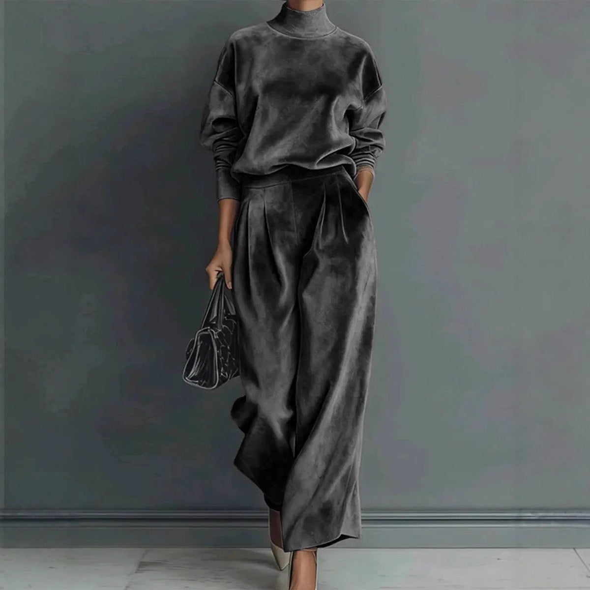 Women'S Velour Drop‑Shoulder Top & Pleated Wide‑Leg Pants Two‑Piece Set