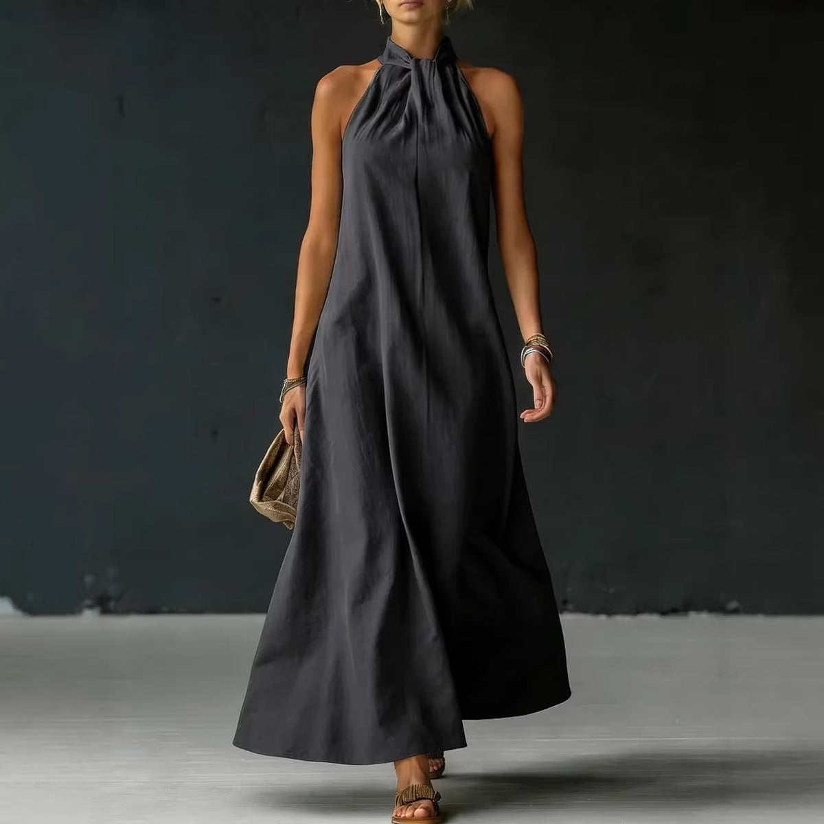 Linen-Blend Halter Neck Maxi Dress