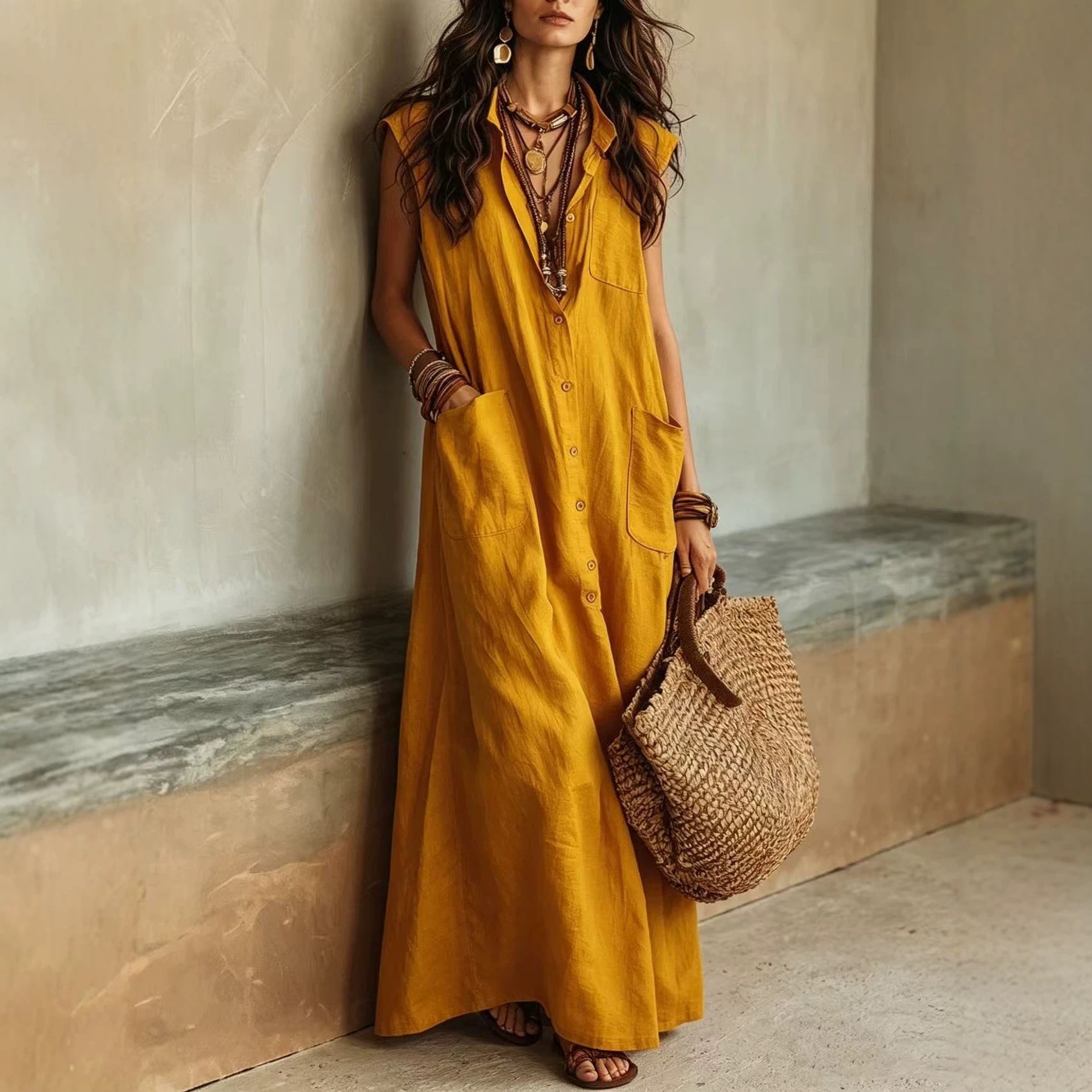 Temperament Commuting Off-Shoulder Bohemian Vacation Loose Shirt Dress