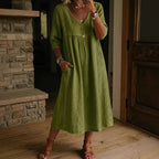 Elegant Linen-Blend V-Neck Midi Dress with Lace Inserts & Pockets | Casual Summer Dress for Women