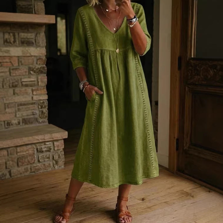 Elegant Linen-Blend V-Neck Midi Dress with Lace Inserts & Pockets | Casual Summer Dress for Women