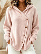 Hooded Wrap Diagonal Button Knit Cardigan