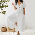 Light Wash Tie-Front Denim Wide-Leg Jumpsuit