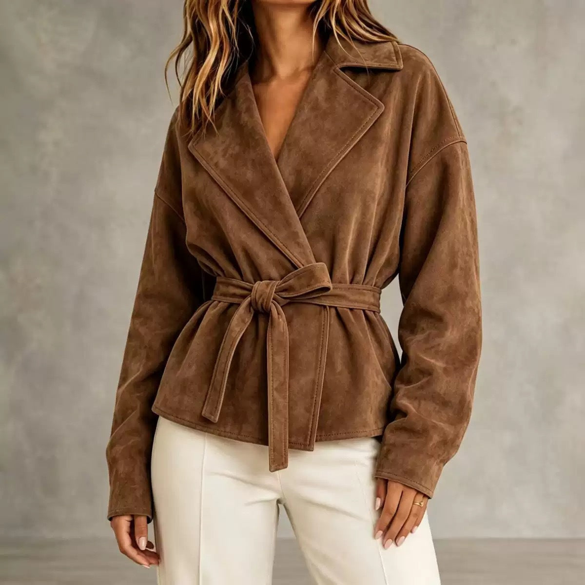 Women's Faux Suede Wrap Jacket with Self-Tie Belt
