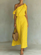 Women's Polka Dot One-Shoulder Maxi Dress